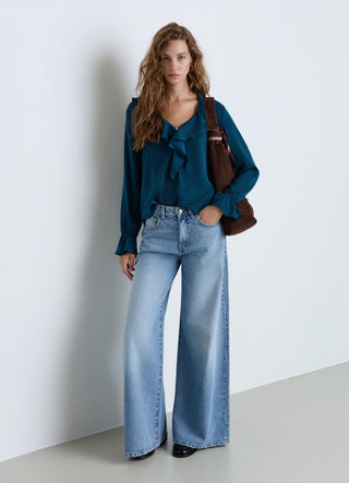 Blouse with faux satin ruffles