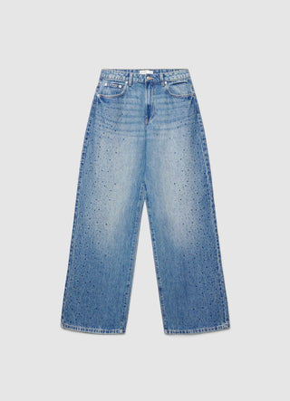 Jeans wide leg con strass laterali