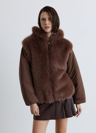 Padded jacket with hood and faux fur panels