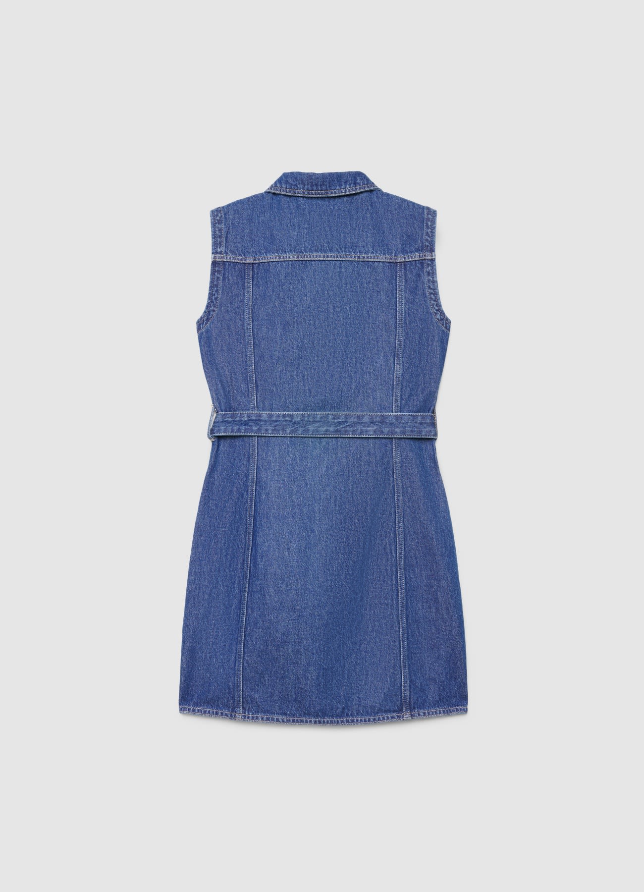 Sleeveless denim dress with belt
