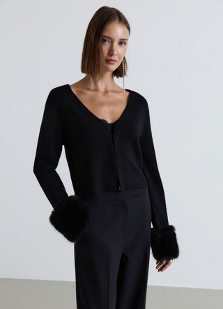 Cardigan crop con polsini in finto pelo