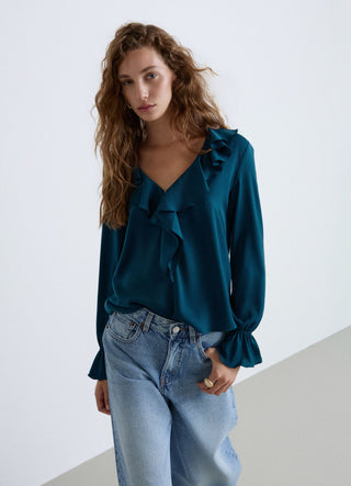 Blouse with faux satin ruffles