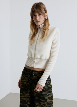 Sweater with plush-effect insert and zip