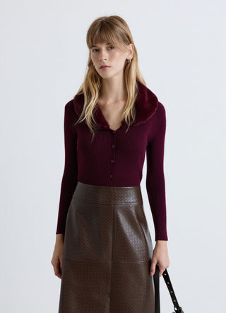 Cardigan côtelé avec col effet fourrure
