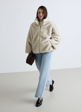 Jacke mit Felloptik und Stehkragen