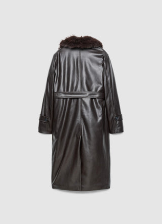 Trench lungo con cintura e collo effetto pelo