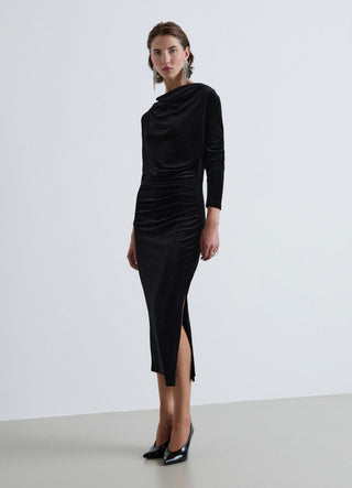 Robe midi drapée en velours côtelé