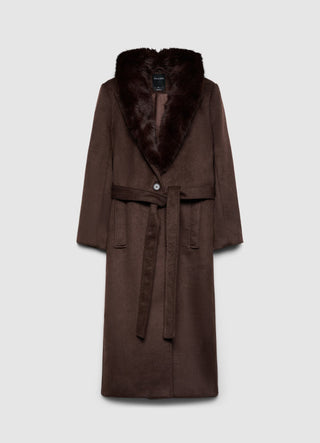 Cappotto lungo con collo effetto pelo e cintura
