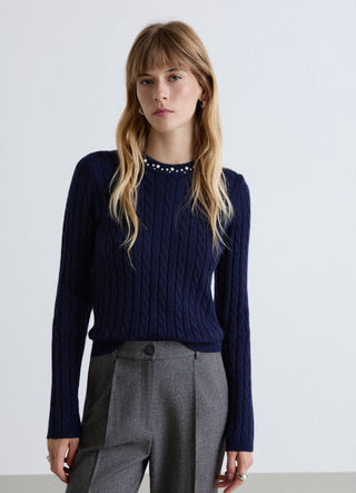 Zopfstrickpullover mit Perlen