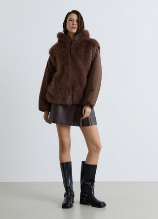 Padded jacket with hood and faux fur panels