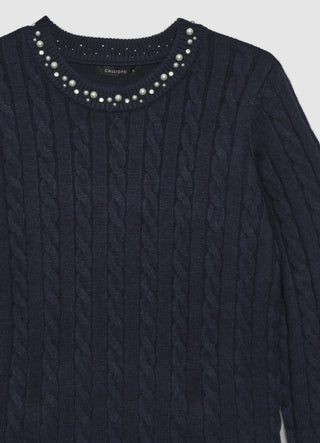 Zopfstrickpullover mit Perlen