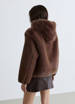 Padded jacket with hood and faux fur panels