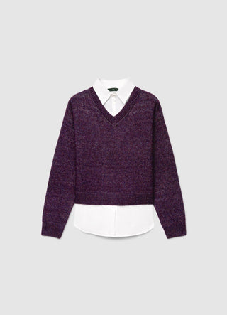 Sweater with shirt insert and V-neckline