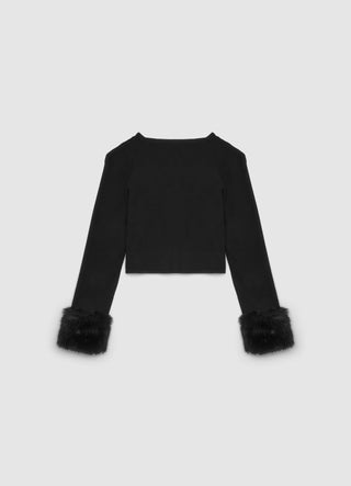 Cardigan crop con polsini in finto pelo