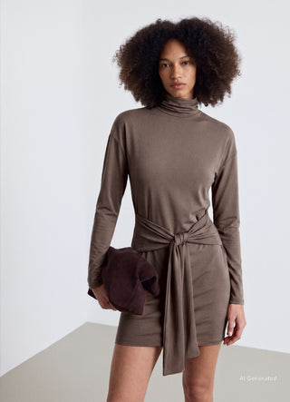 Robe courte à col montant avec ceinture à nouer
