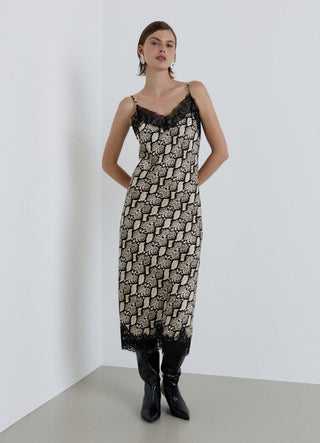 Abito sottoveste con pizzo e stampa animalier