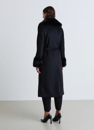 Cappotto lungo con cintura e collo effetto pelo