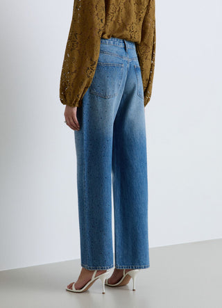 Jeans wide leg con strass laterali