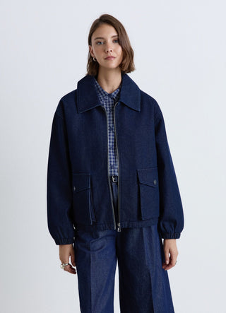 Bomber in denim con zip e tasche con patta