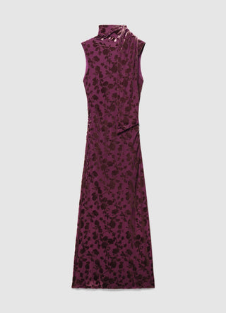 Robe longue drapée en devoré floral