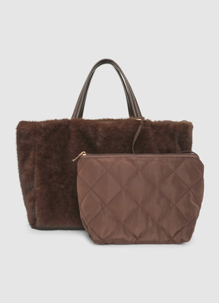 Rectangular faux fur shopper with quilted pouch