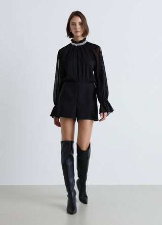 Mini dress with jewel neckline and ruched sleeves