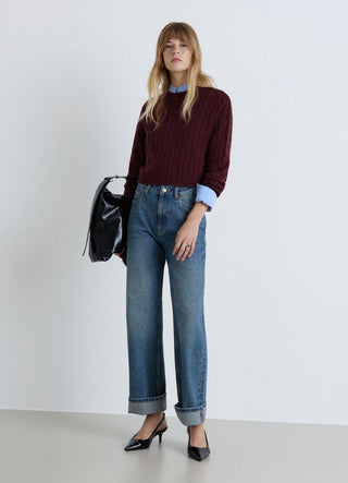 Maglia crop a trecce girocollo