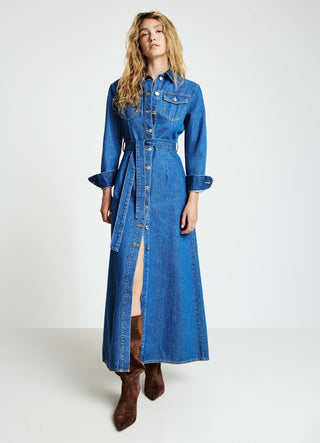 Long denim dress with belt Calliope Long denim dress with belt Calliope