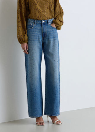 Jeans wide leg con strass laterali