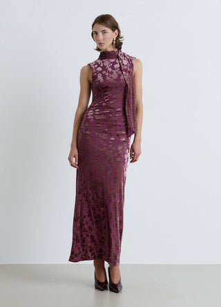 Robe longue drapée en devoré floral