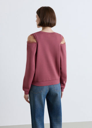 Sweatshirt with exposed shoulders and lace inserts