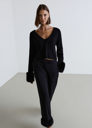 Cardigan crop con polsini in finto pelo