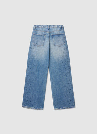 Jeans wide leg con strass laterali