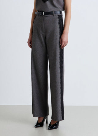 Pantaloni palazzo con bande in pizzo