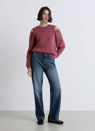 Sweatshirt with exposed shoulders and lace inserts