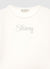 T-shirt corta con scritta di strass e polsini piumati