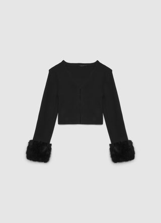 Cardigan crop con polsini in finto pelo
