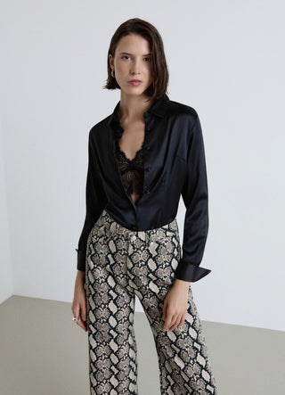 Solid colour faux satin crop shirt