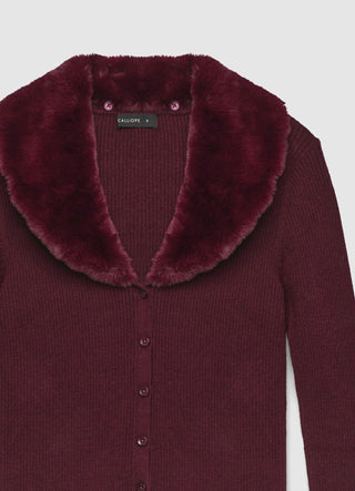 Cardigan côtelé avec col effet fourrure