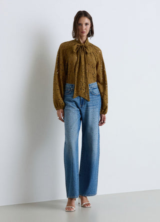 Jeans wide leg con strass laterali