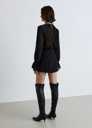 Mini dress with jewel neckline and ruched sleeves
