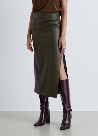 Longuette leather-effect skirt with slit
