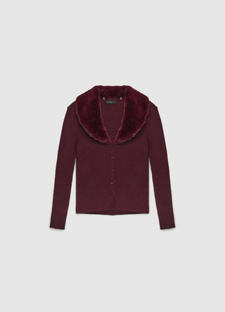 Cardigan côtelé avec col effet fourrure