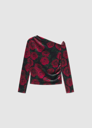 Eng anliegendes One-Shoulder-T-Shirt mit Rosenprint