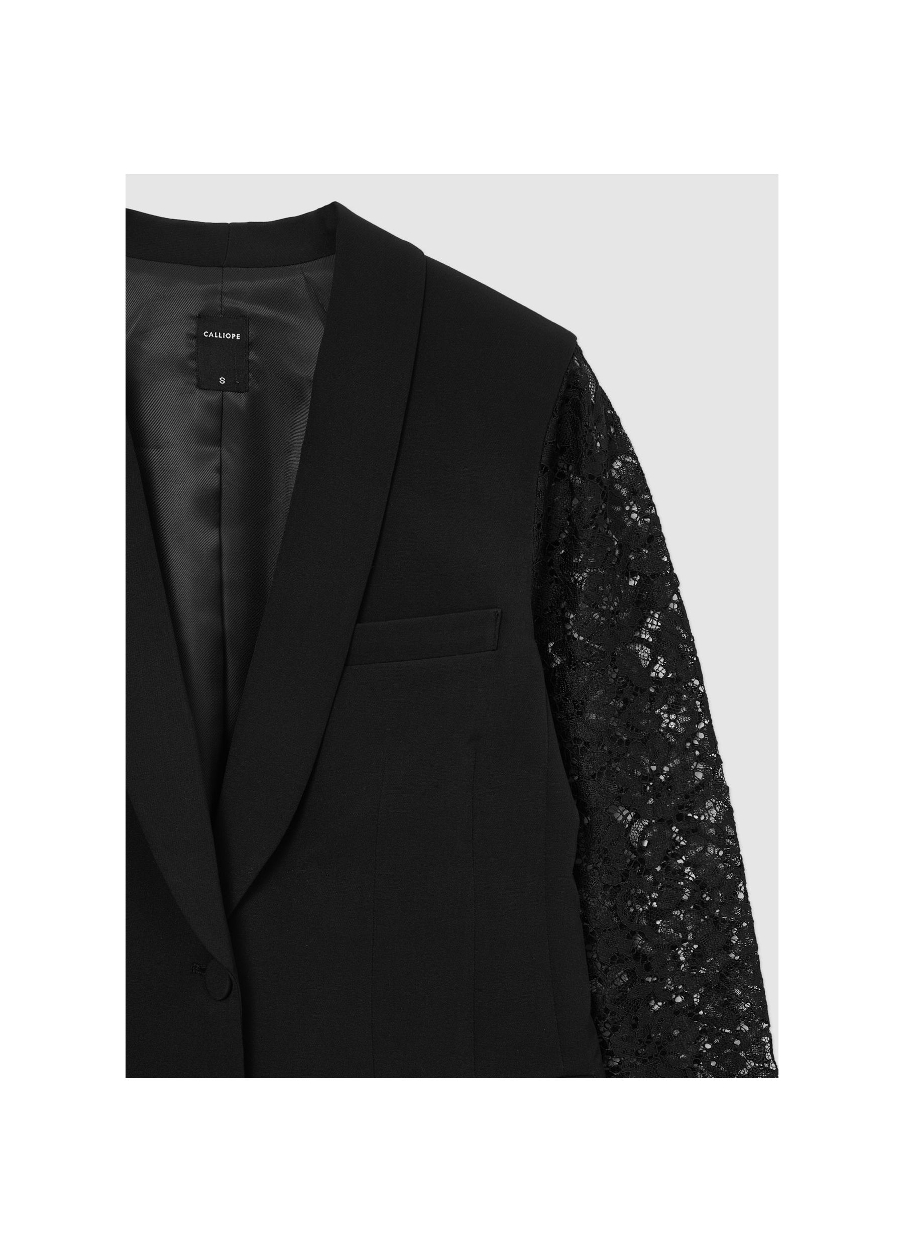 Single-breasted jacket with lace sleeves ultrablack | Calliope