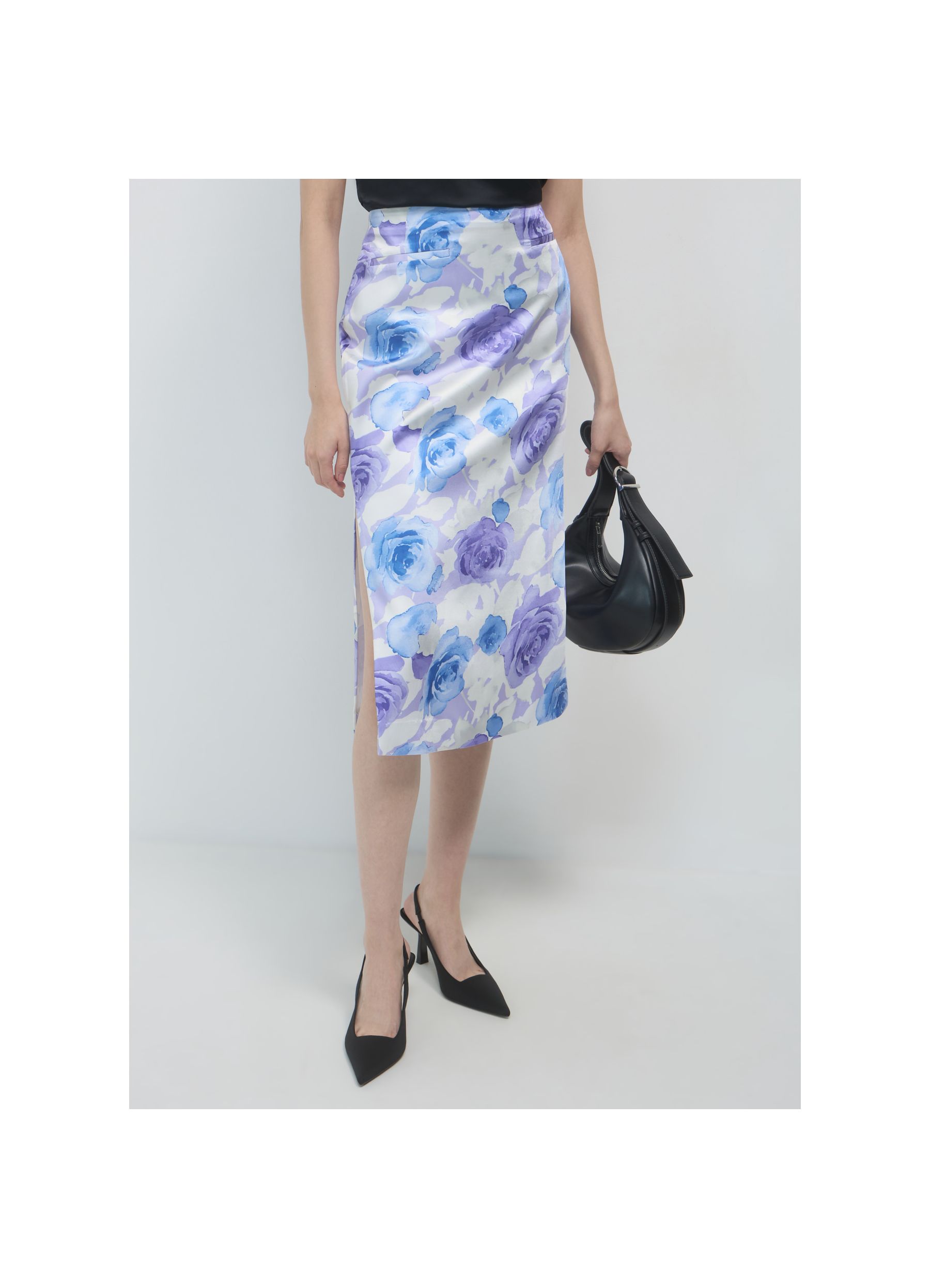 Floral satin-like midi skirt var lilla | Calliope