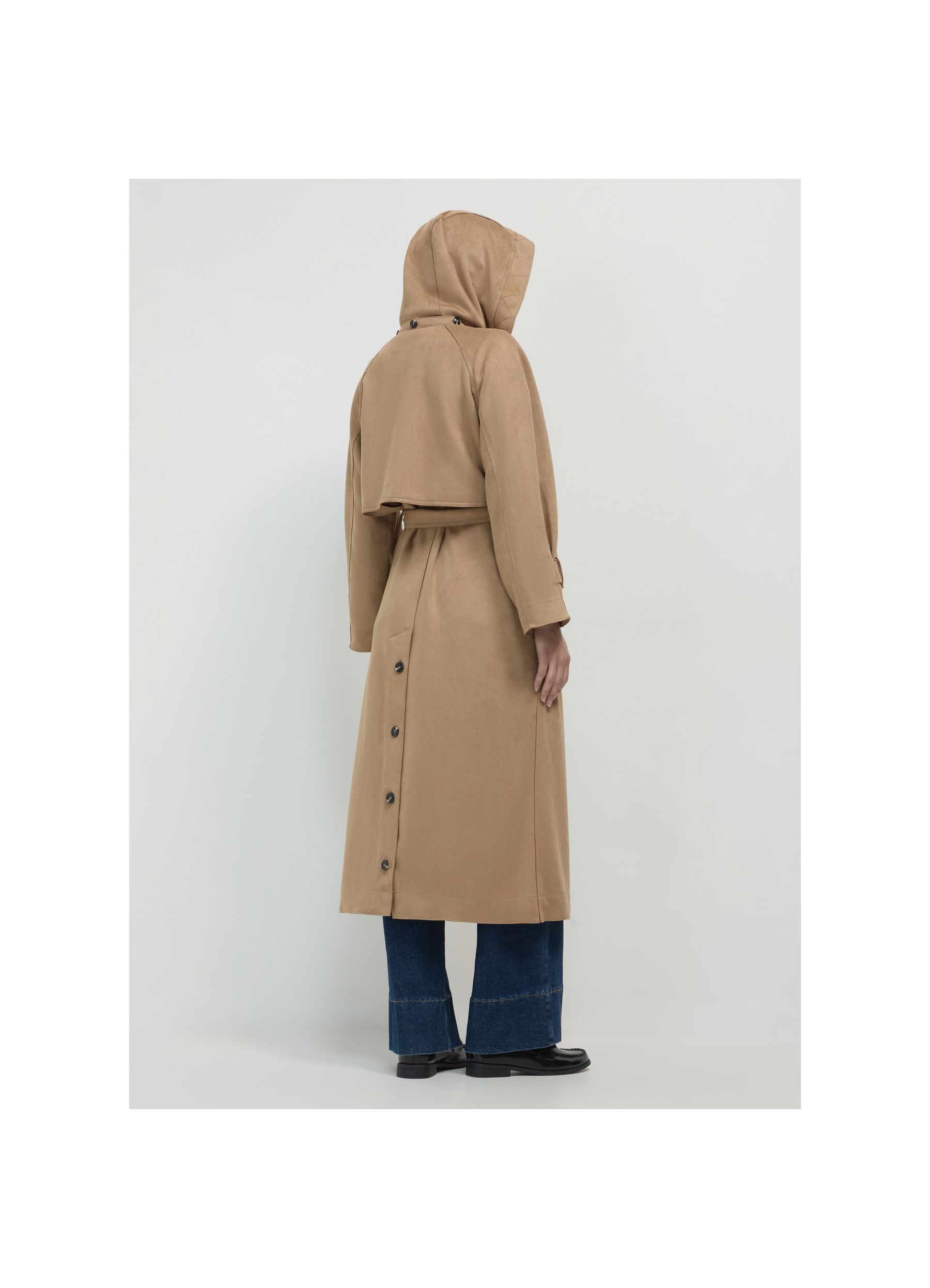 Long suede effect trench coat biscuit | Calliope