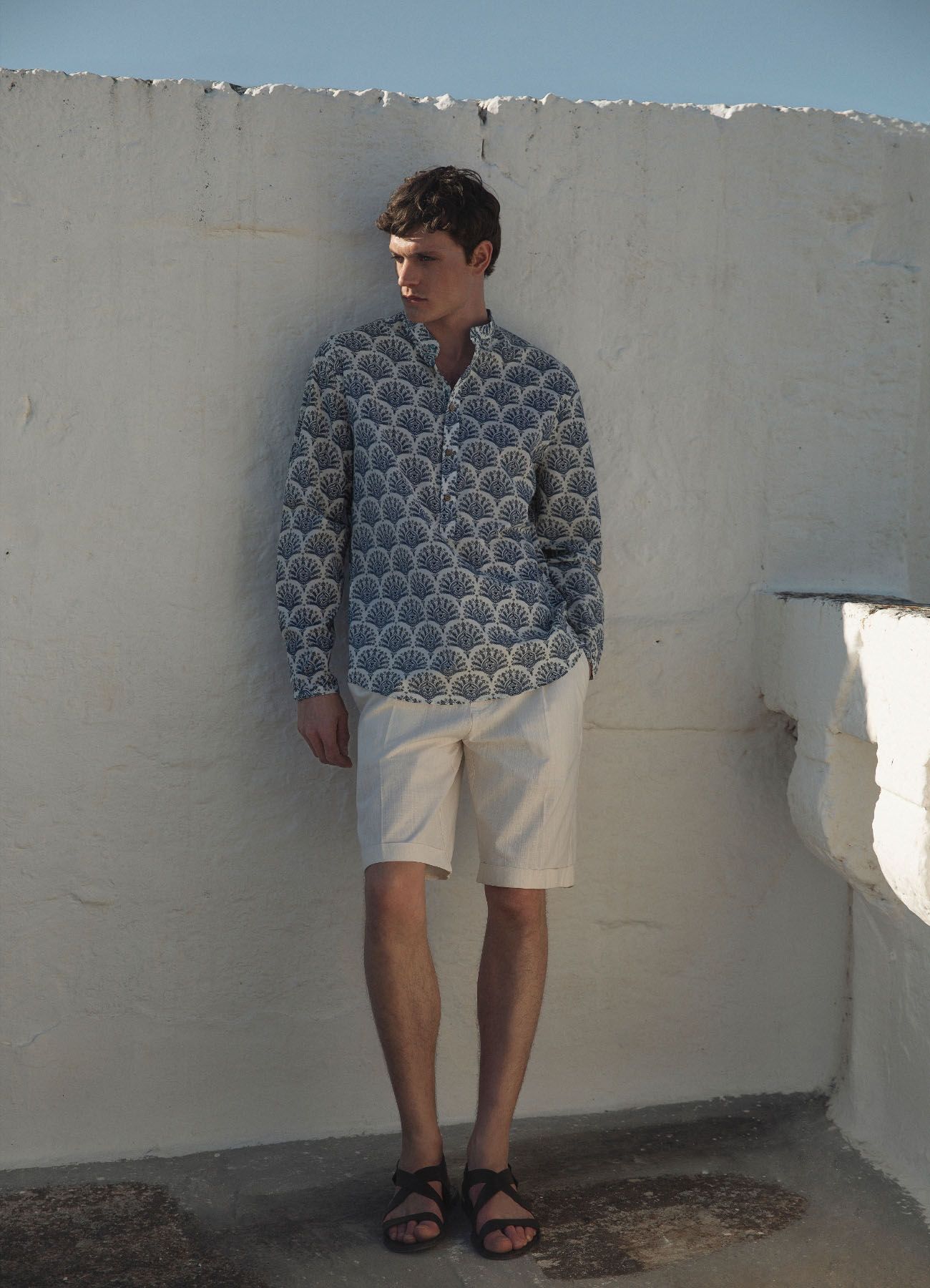 Shirt comfort fit mandarin collar patterned sand | Calliope