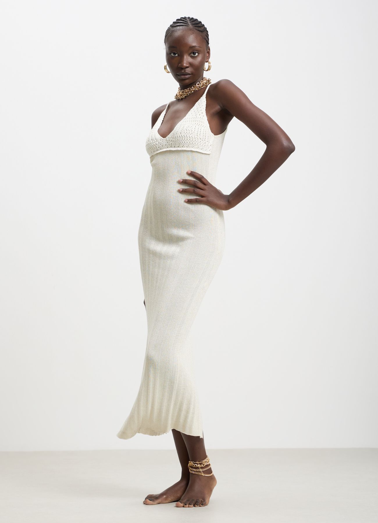 Crochet detail midi dress white wool | Calliope