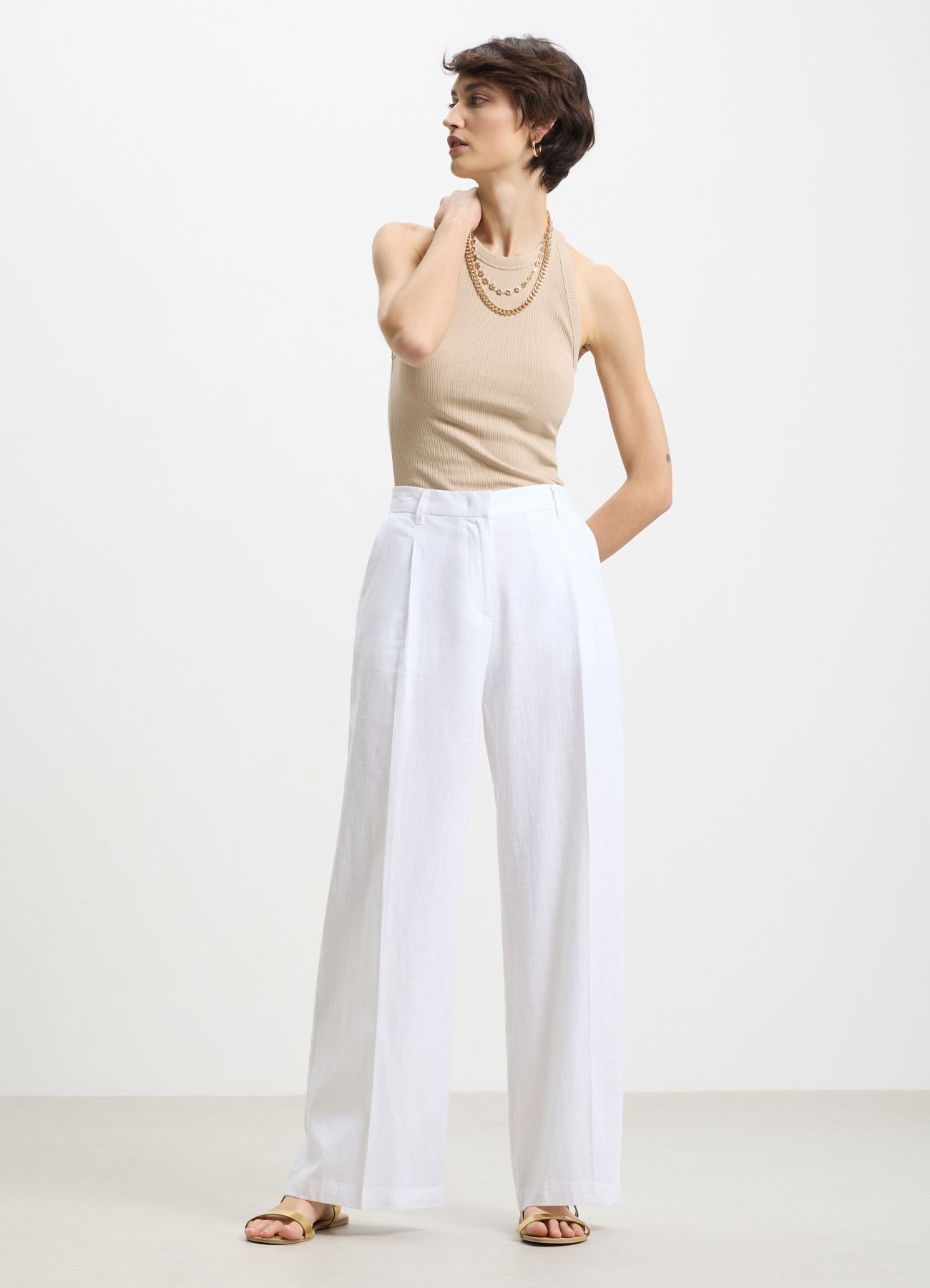 Pantalone Palazzo lino bianco ottico Calliope